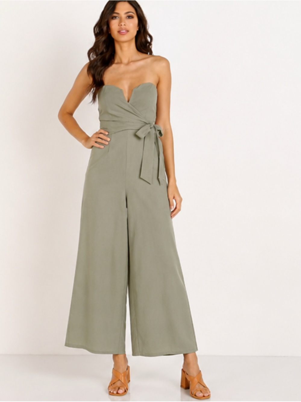 Astr The Label Zion Green Strapless Wrap-Waist Wide-Leg Jumpsuit